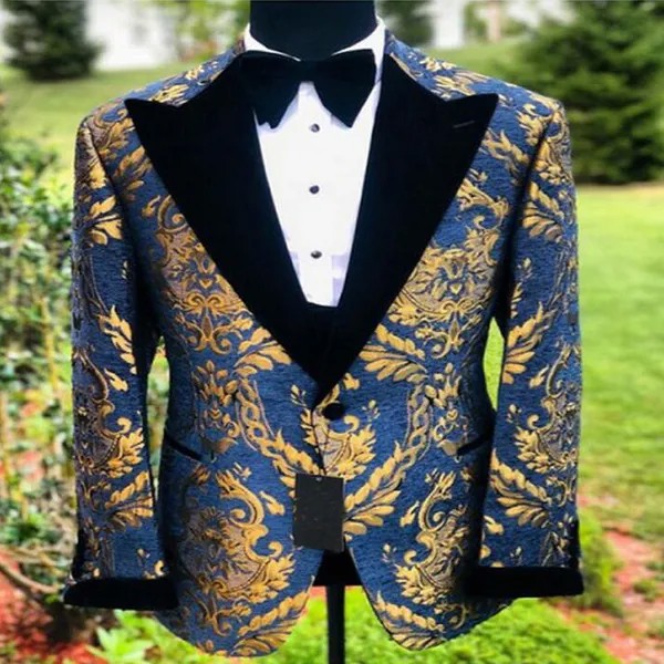 Синие золотые жаккардовые костюмы для выпускного вечера для мужчин 2 шт свадебный смокинг на заказ цветочный мужской модный костюм куртка с...