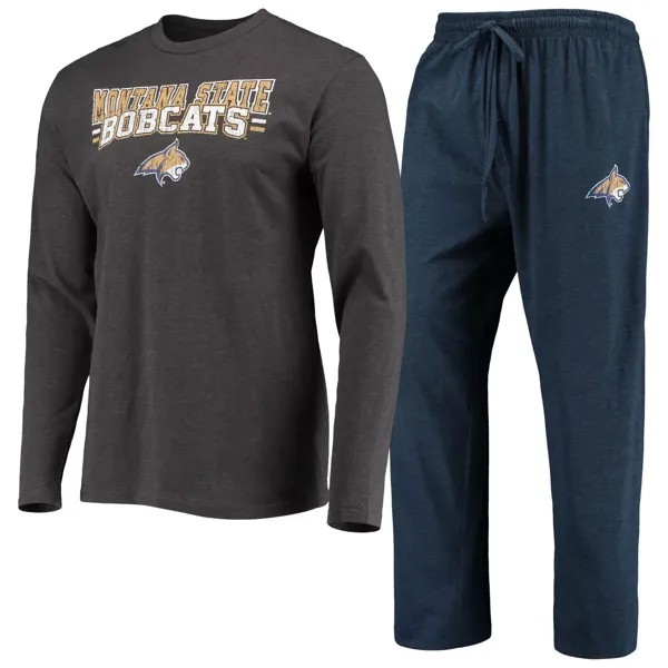 Мужская спортивная футболка темно-синего цвета/темно-серого цвета Montana State Bobcats Meter с длинными рукавами и брюки, комплект для сна