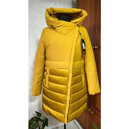 Куртка  зимняя, удлиненная, силуэт полуприлегающий, стеганая, карманы, водонепроницаемая, размер 56/58, горчичный