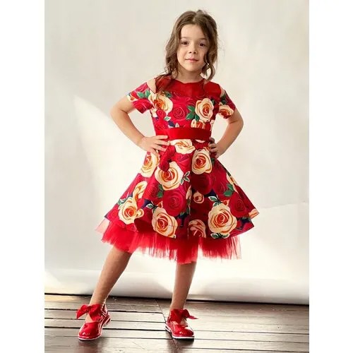 Платье для девочки нарядное Бушон ST31, стиляги цвет красный/желтый пояс красный, принт цветы