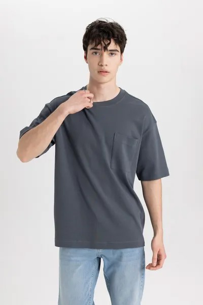 Хлопковая футболка с карманом Defacto, серый