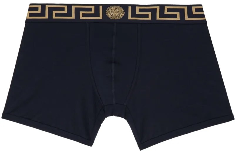 Темно-синие длинные трусы-боксеры Greca Border Versace Underwear