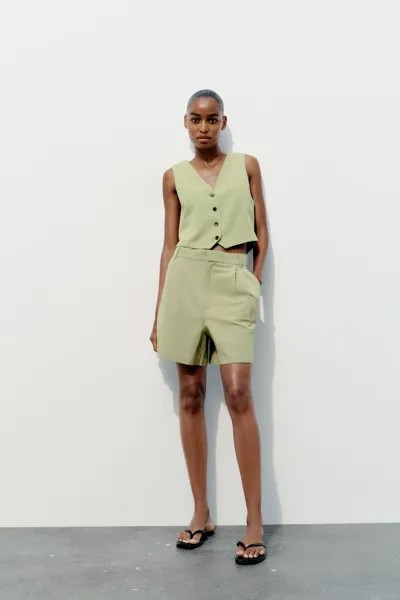 Шорты-бермуды с высокой посадкой ZARA, светло-зеленый