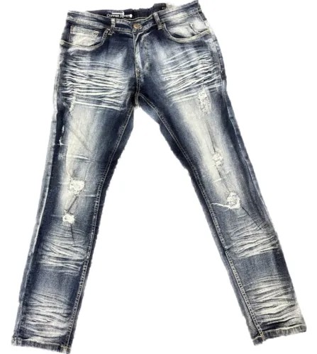 Мужские синие выстиранные зауженные джинсы с медными заклепками