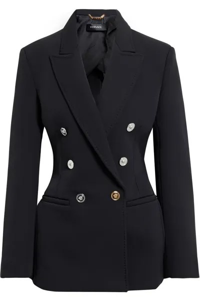Двубортный пиджак из смесовой шерсти из крепа Versace, черный