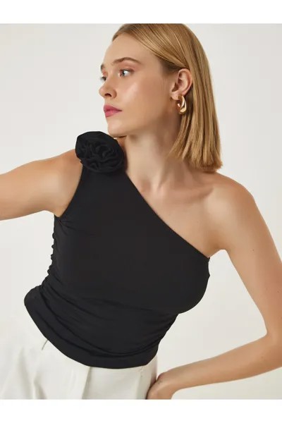 Женская черная трикотажная блузка песочного цвета на одно плечо Happiness İstanbul, черный