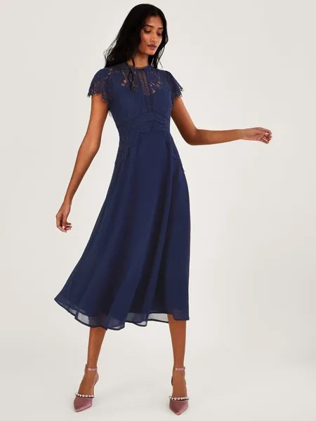 Платье миди с кружевной отделкой Monsoon Louise, темно-синий