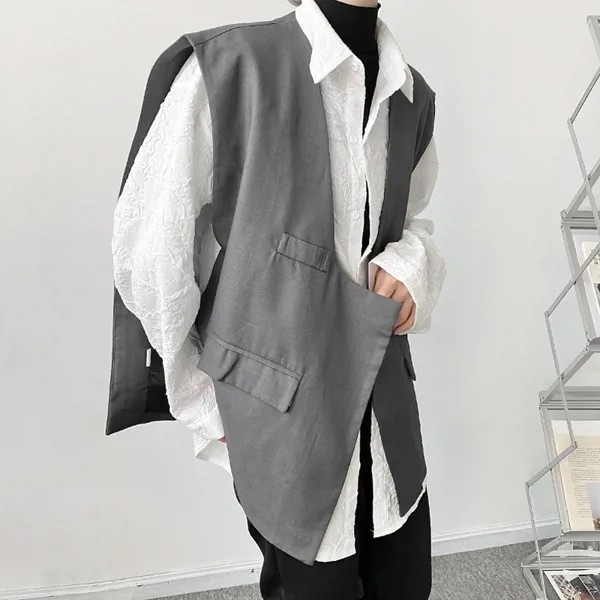 Летняя безрукавка оверсайз с асимметричным дизайном, модный мужской жилет без воротника, индивидуальное пальто без пуговиц