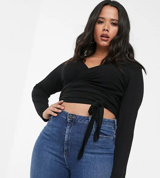 Лонгслив в рубчик с запахом ASOS DESIGN Curve-Черный цвет