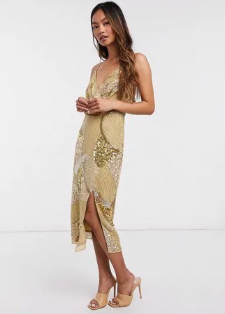 Золотистое платье миди с отделкой и разрезом Virgos Lounge-Золотистый