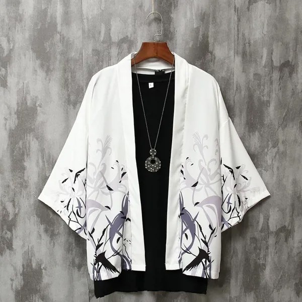 Мужская японская кимоно куртка Свободный Кардиган Юката Принт Восточное пальто Ретро Повседневный топ