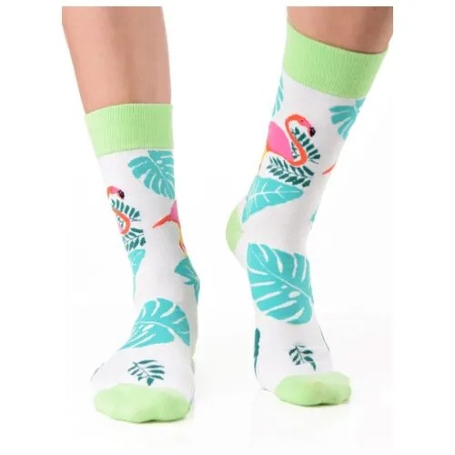Яркие цветные носки унисекс, прикольные красочные носки/ Модные носки с мятно-голубым рисунком/ Высокие носки из натурального хлопка с рисунком Фламинго и листьями Монстеры
