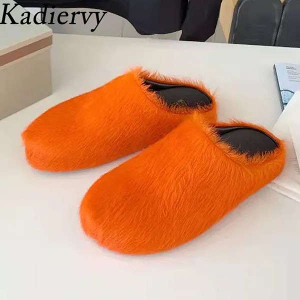 Шлепанцы женские меховые, сланцы с круглым носком, лошадиный мех, мюли, плоская подошва, черные, розовые, красные, зеленые