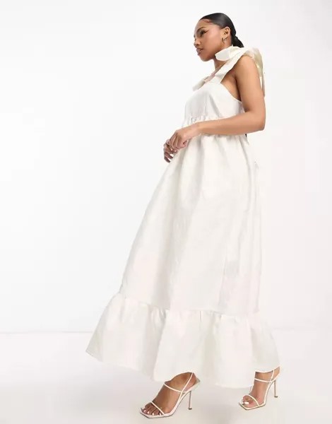 Белое эксклюзивное многоярусное жаккардовое платье макси Pieces Bride To Be с объемными рукавами-комбинацией с бантом