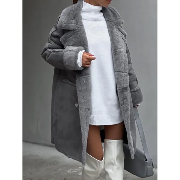 Женское замшевое пальто с воротником длинный кардиган плюшевая куртка с длинными рукавами