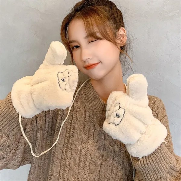 1 пара плюшевых девушек корейские ins медведь без пальцев женщины зимние варежки меховые перчатки