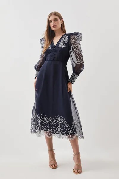 Тканое платье макси из органди на пуговицах с высокой ришелье Karen Millen, темно-синий