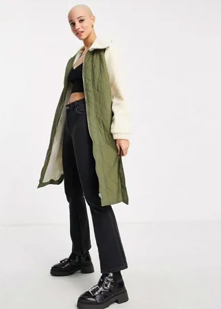 Зеленая удлиненная стеганая куртка с искусственным мехом Pieces-Зеленый цвет