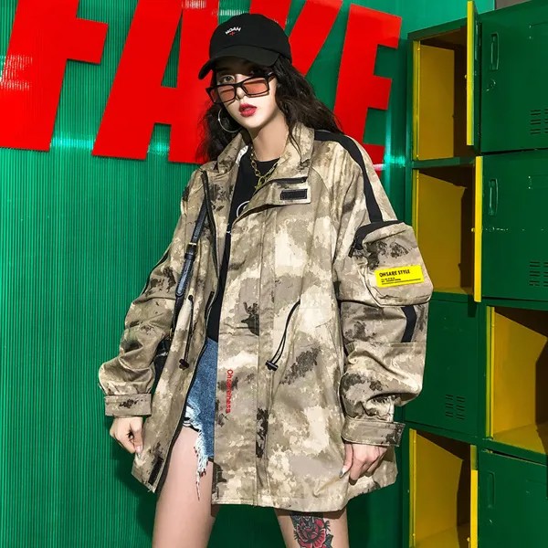 Куртка женская камуфляжная в стиле хип-хоп, свободная ветровка с длинным рукавом, одежда на весну и осень