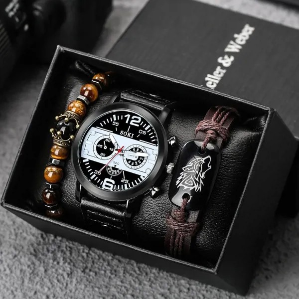 Мужчины Часы Роскошный набор Волк Браслет Черный Кварцевые часы Корона Бисер Браслеты Муж Наручные часы Подарок Бойфренд Муж Reloj Hombre