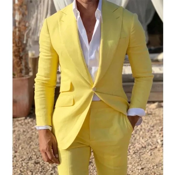 Костюм пляжный мужской из двух предметов, желтый льняной смокинг с заостренным лацканом, модный Блейзер и брюки, приталенный силуэт, свадеб...