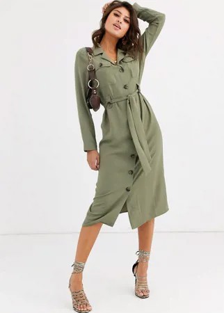 Платье-рубашка миди цвета хаки в стиле милитари ASOS DESIGN-Зеленый