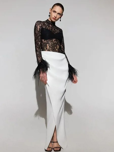 Женское черно-белое лоскутное платье, кружевное длинное приталенное платье с длинным рукавом и пушистым подолом, вечерние платья знаменитостей для вечеринок