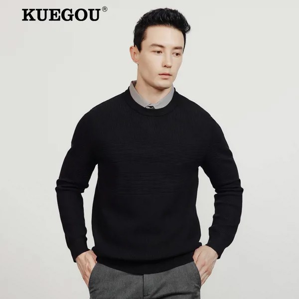 KUEGOU/2022 осенний Однотонный свитер с черными пуговицами в стиле пэчворк, мужской пуловер, повседневный джемпер для мужчин, брендовая трикотаж...