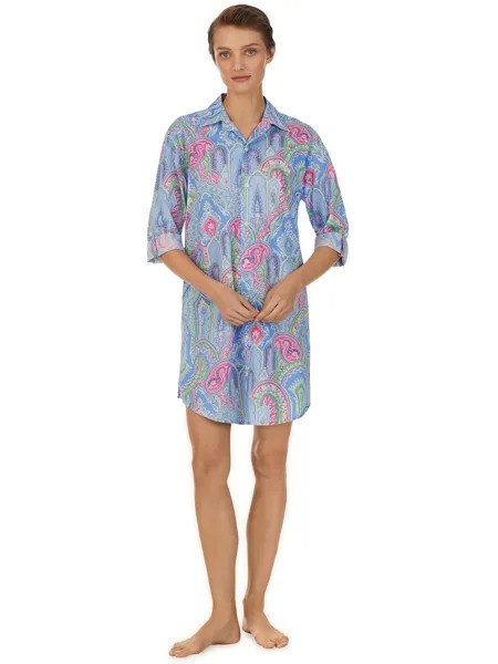 Ночная рубашка Lauren Ralph Lauren с узором пейсли и рукавом 3/4, синий/мульти