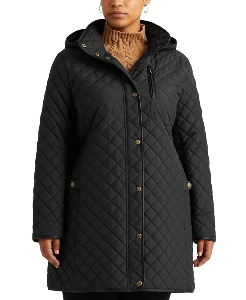 Женское стеганое пальто больших размеров с отделкой из искусственной кожи с капюшоном Lauren Ralph Lauren, черный