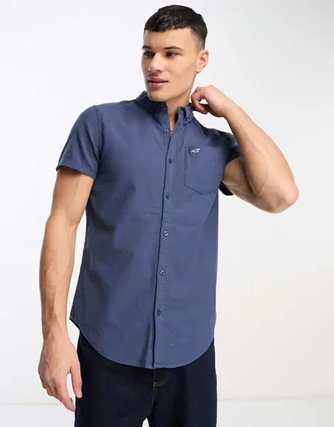 Темно-синяя оксфордская рубашка с короткими рукавами и логотипом Hollister