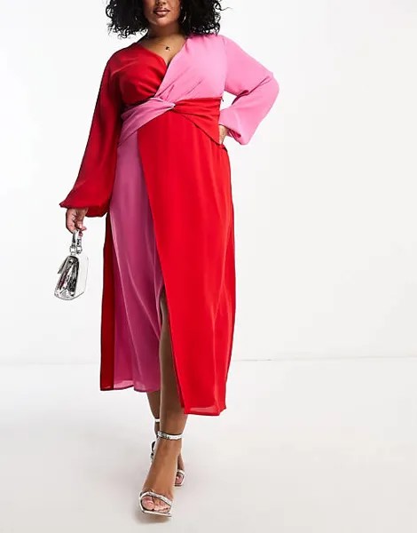 Розовое и красное платье макси с контрастным узлом и узлом Pretty Lavish Curve