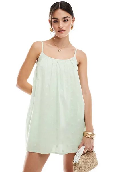 Miss Selfridge – Зеленое летнее мини-платье на бретелях с вышитым узором