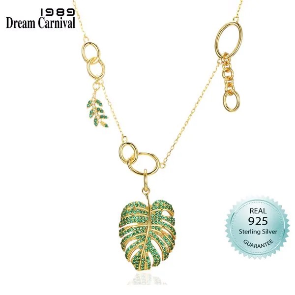 DreamCarnival, цельное серебряное ожерелье для женщин, 40 мм, кулон с банановыми листьями, Изумрудный зеленый цирконий, 7 г, позолоченное, изящное юв...