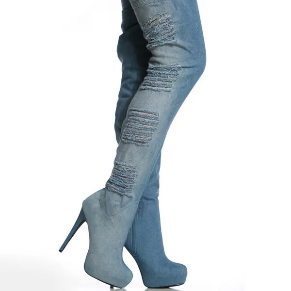 Женские рваные джинсы с дырками, Сапоги выше колена на очень высоком каблуке, эластичная обувь для ночного клуба, большие размеры 34-46, новинк...