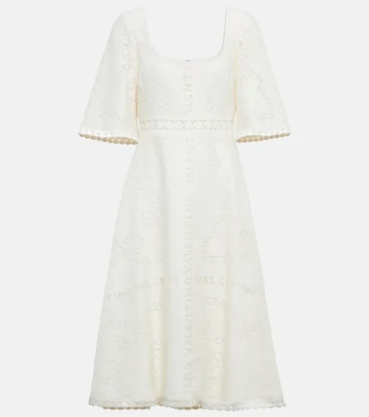 Платье миди из смесового хлопка VALENTINO, белый
