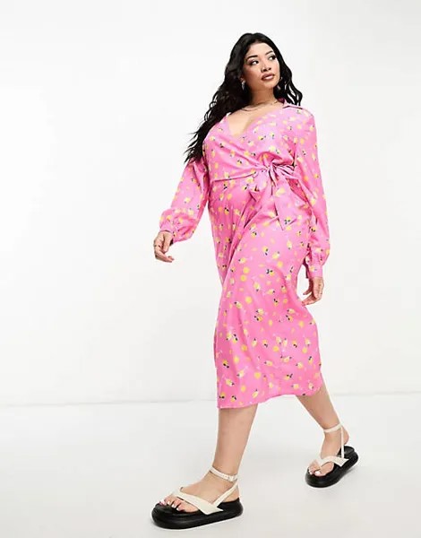 Розовое платье-рубашка миди с запахом и завязками In The Style Plus