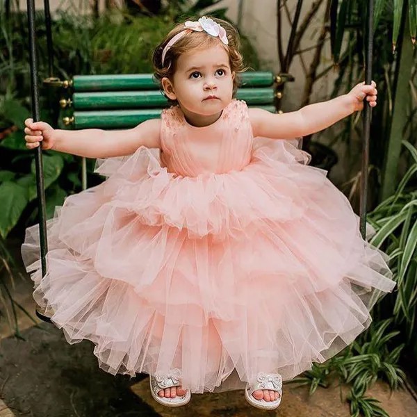 Розовое Бальное платье, платья для девочек с цветами, многоярусные тюлевые платья до пола с жемчужинами и кристаллами, лиловые Детские наря...