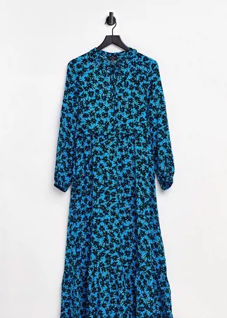 Синее свободное платье с цветочным принтом, завязкой на воротнике и оборками New Look Tall-Голубой