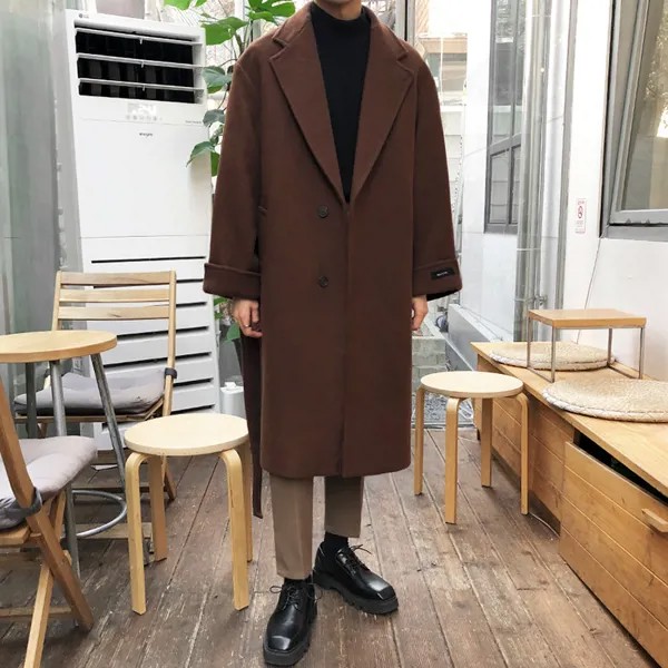 Мужское шерстяное пальто в Корейском стиле, утепленная шерстяная куртка средней длины, модные однобортные пальто с поясом для осени и зимы