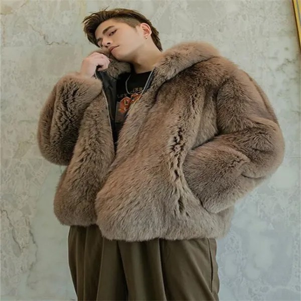 Мужские шубы из искусственного меха, куртки из лисьего меха, теплая короткая одежда с капюшоном для осени и зимы, шуба из коричневого меха
