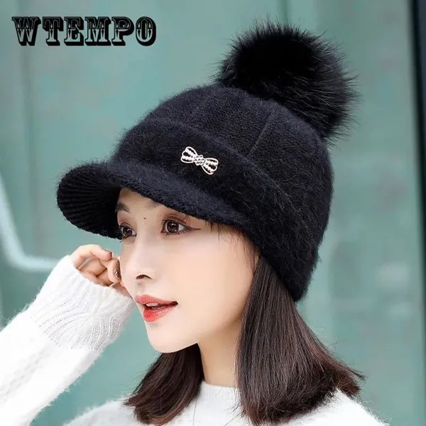 Зима Плюс Бархатная Вязаная шляпа Корейская мода Меховой мяч Теплая шапочка Толстый кролик Мех Шерстяная шляпа для женщин