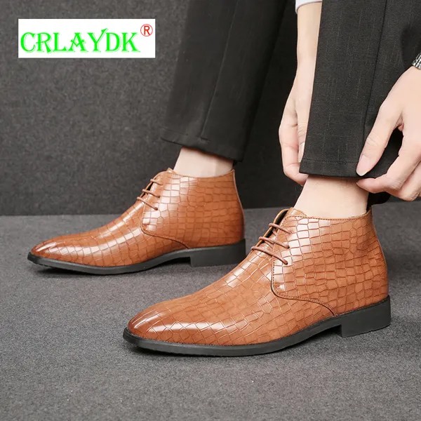 Модная роскошная мужская деловая обувь CRLAYDK, броги с заостренным узором в клетку, высокие свадебные кожаные ботинки для офиса