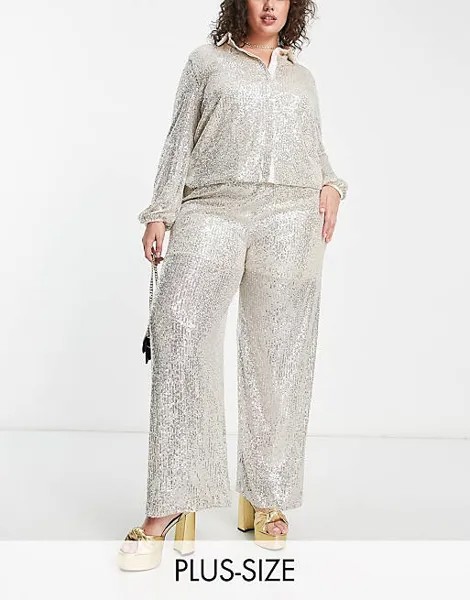 Широкие брюки с воланами London Plus в сочетании с серебристыми металлическими блестками