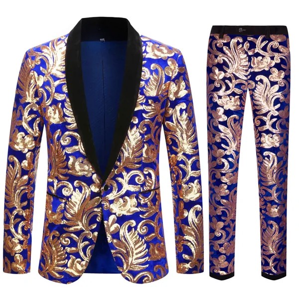 Европейский размер (Блейзер + брюки) мужской костюм модный отличный синий бархатный золотистый костюм с блестками свадебное платье для жени...