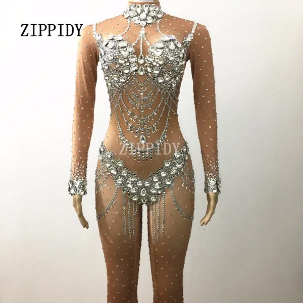Блестящий Комбинезон с серебряными кристаллами телесного цвета наряд с стрейчевыми камнями празднование яркого боди Стразы женский костюм певицы на день рождения
