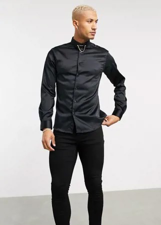 Атласная рубашка скинни черного цвета с цепочкой на воротнике Twisted Tailor-Черный