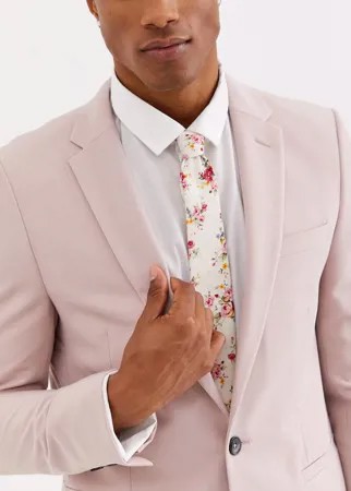 Светло-бежевый галстук с цветочным принтом Moss London wedding-Белый
