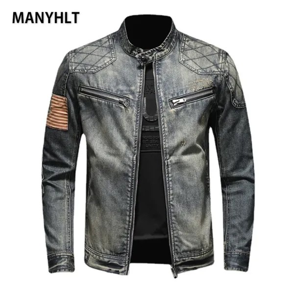 Куртка-бомбер MANYHLT Мужская джинсовая, стильная мотоциклетная куртка-Авиатор из денима, Повседневная модная уличная одежда оверсайз в стиле ...