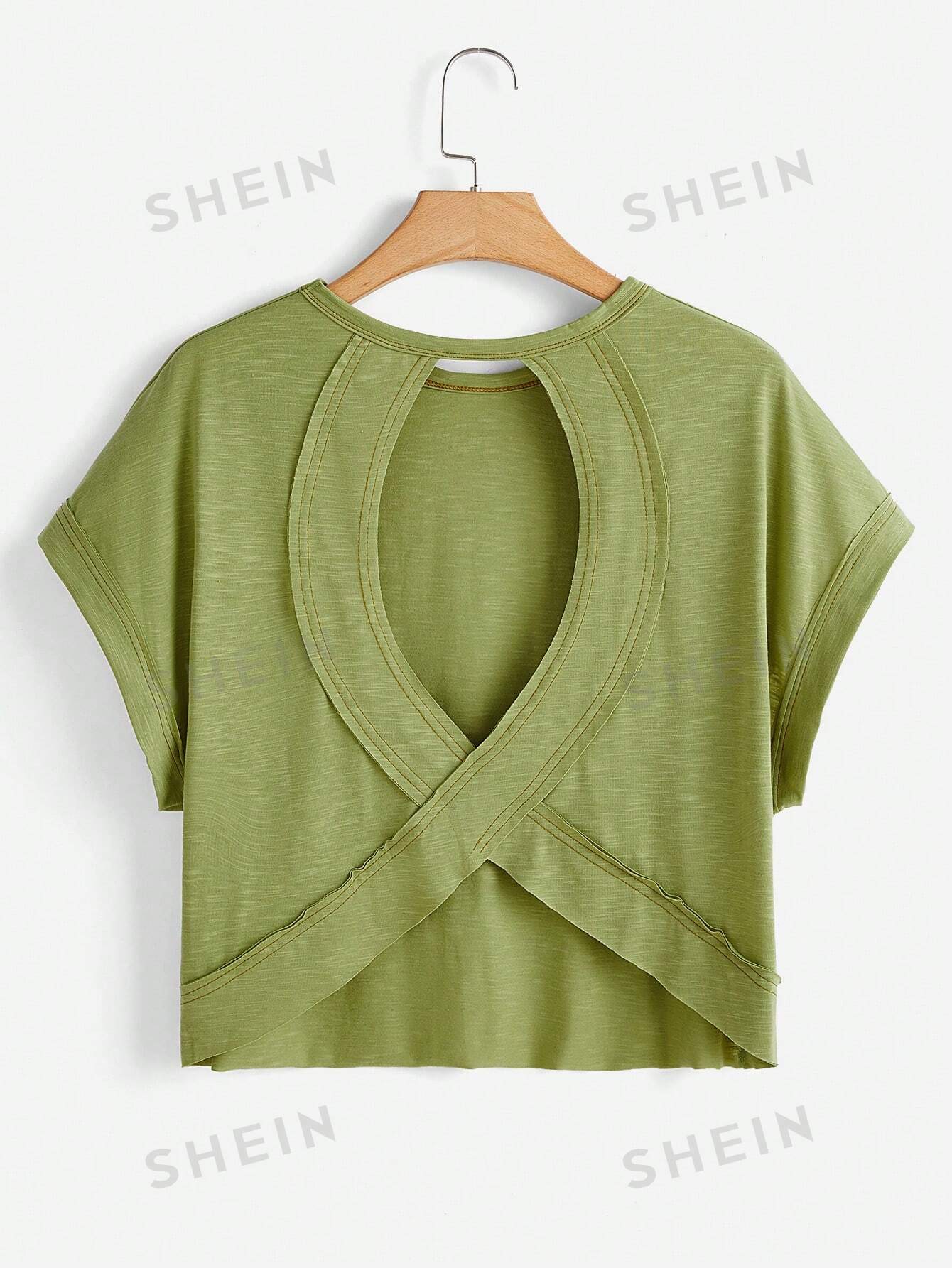 SHEIN Essnce Женская однотонная футболка с рукавами «летучая мышь» и открытой спиной, зеленый